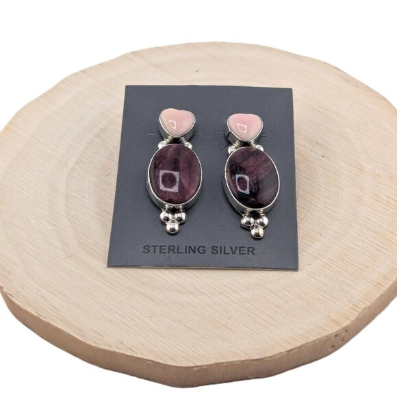 Handmade Navajo Sterling Silver Purple Spiny Oyster & Pink Heart Post Earrings** - Picture 3 of 9